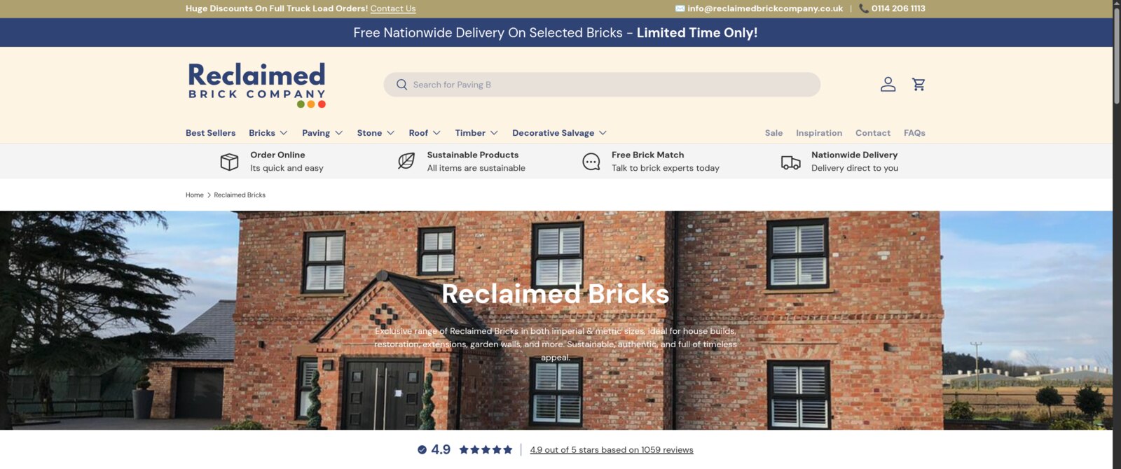 The Reclaimed Brick Company storefront, their own live Shopify homepage.